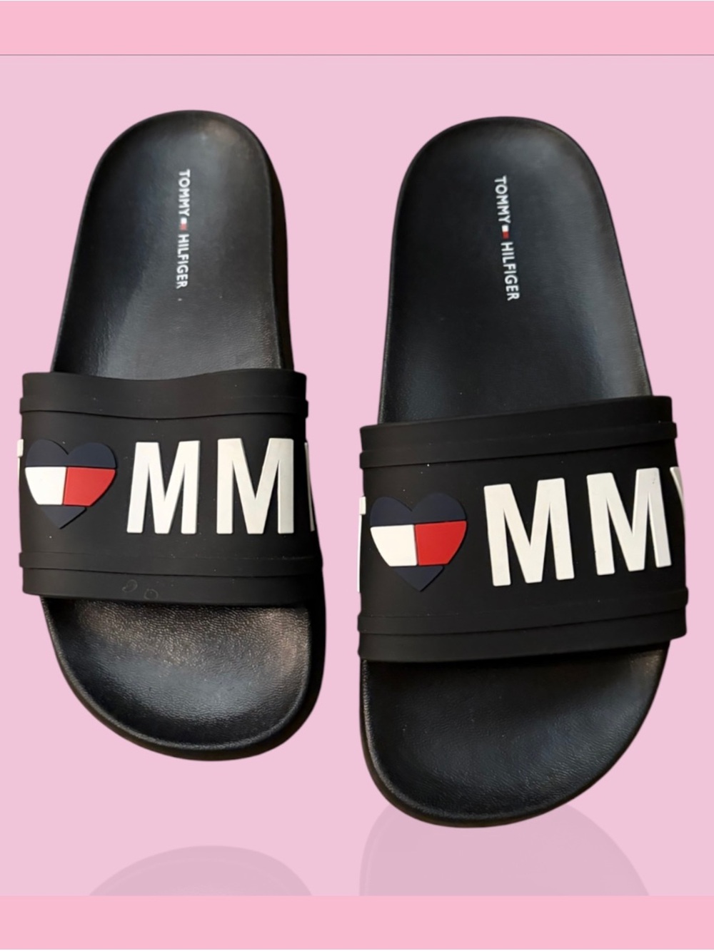 Tommy Hilfiger Black Slide Sandals with Flag Heart Accents